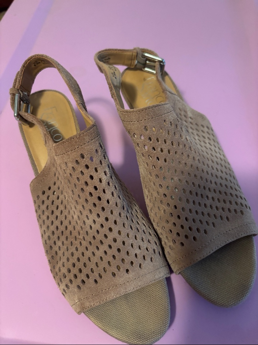 Franco Sarto Taupe Perforated Suede Slingback Sandals